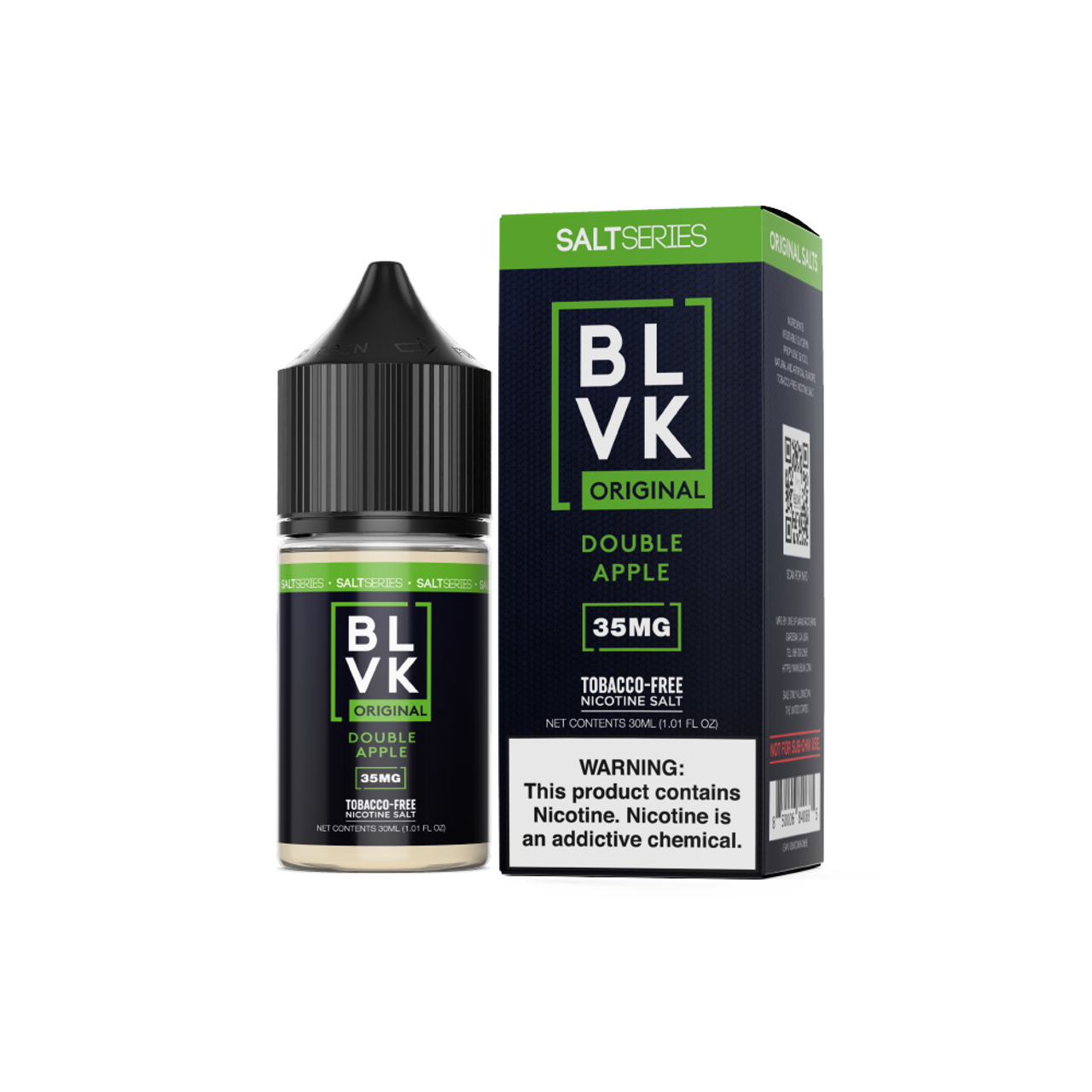 BLVK Double Apple vape juice bottle and packaging on a white background, BLVK DOUBLE APPLE NIC SALT, VAPE BILLIORSONN