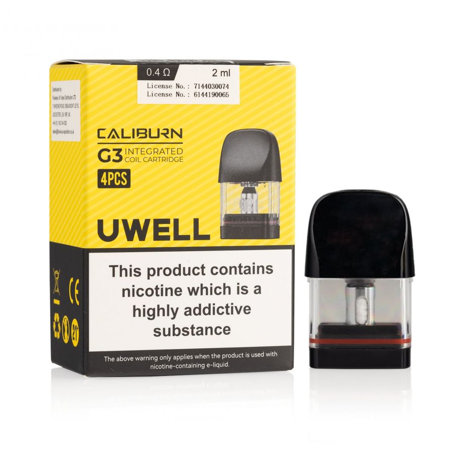 UWELL Caliburn G3 integrated coil cartridge packaging with a black cartridge on a white background