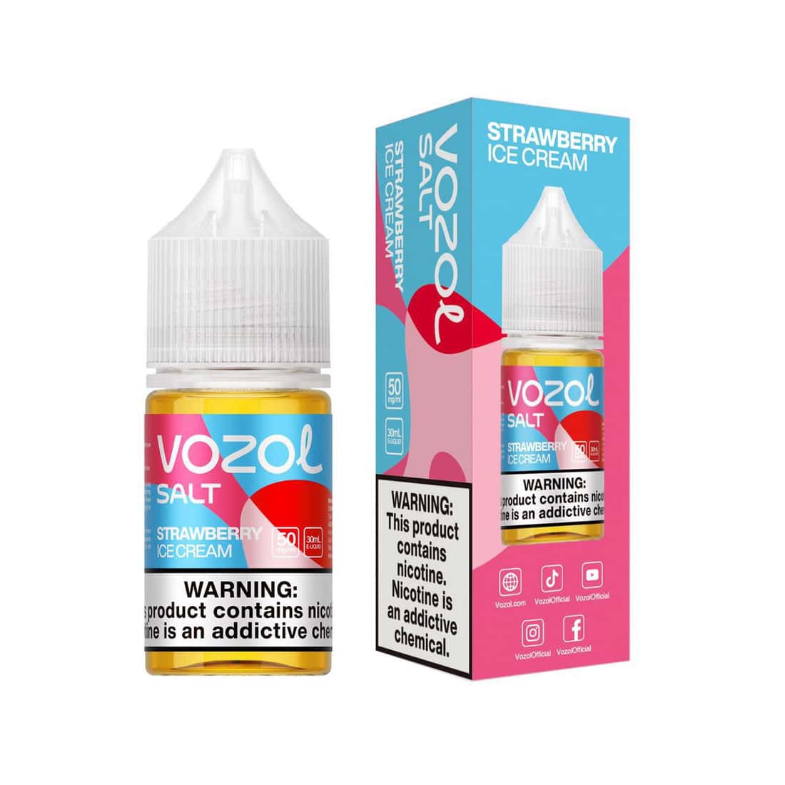 VOZOL Strawberry Ice Cream salted e-liquid bottle and packaging on a white background NIC SALT, STRAWBERRY ICE CREAM, VAPE BILLIORSONN
