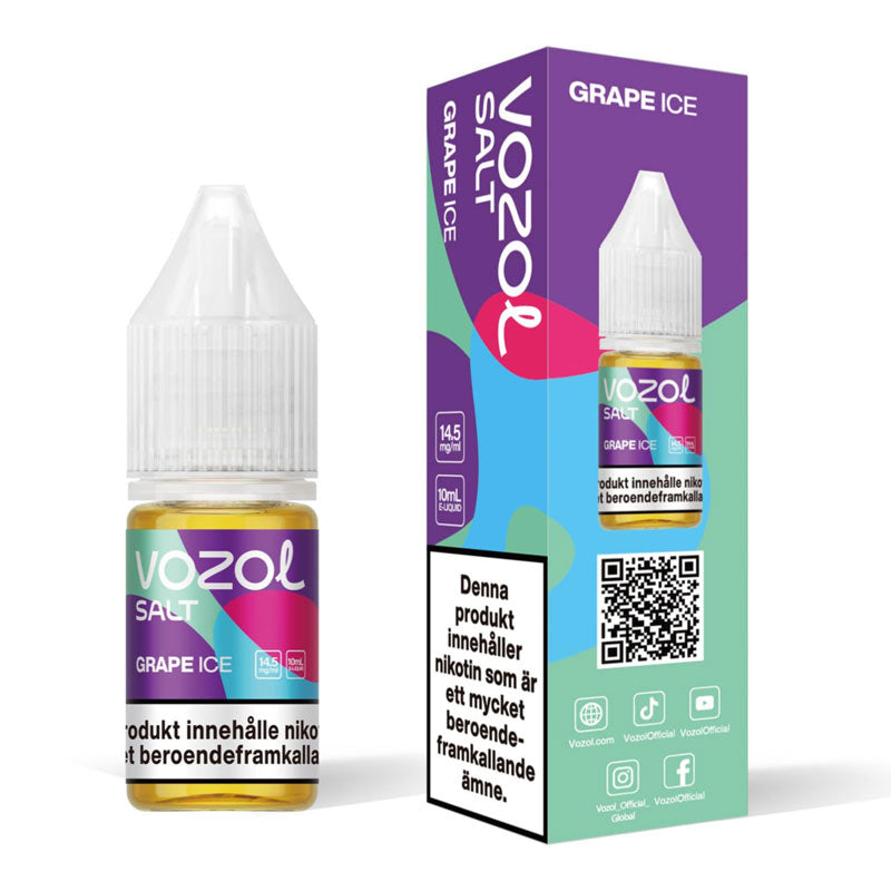 VOZOL Grape Ice e-liquid bottle and packaging on a white background ,GRAPE ICE , NIC SALT, VAPE JUICE, 