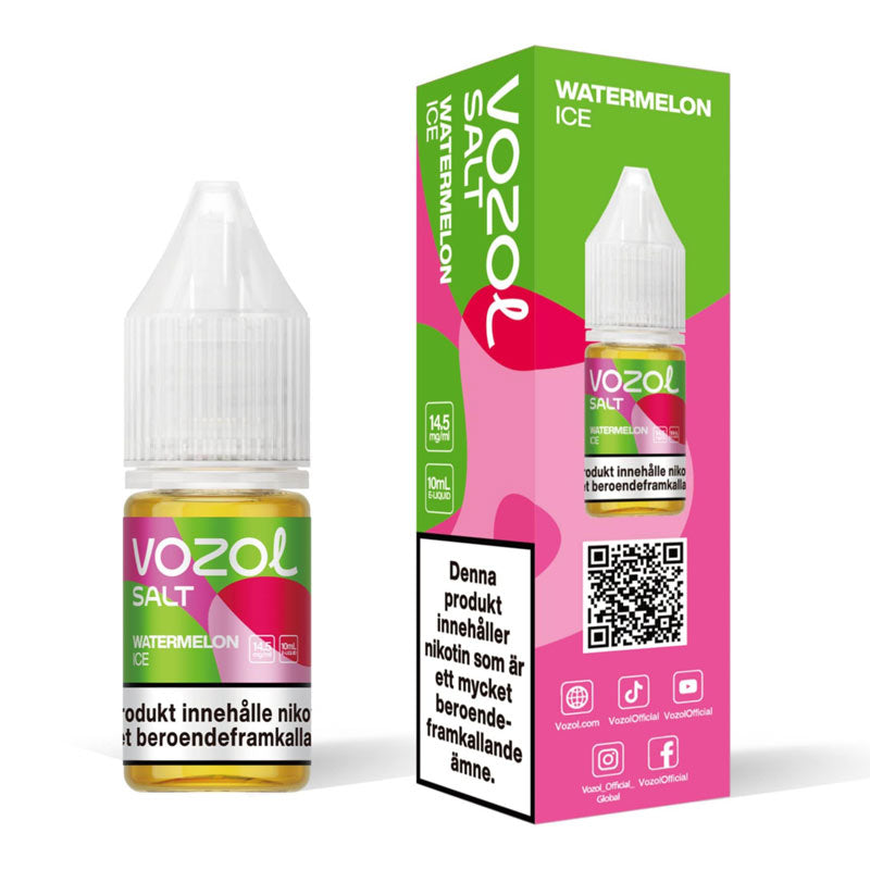 VOZOL watermelon ice e-liquid bottle and packaging on a white , VAPE SALT , WATERMELON ICE , 50MG,background