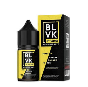 BLVK nicotine salt e-liquid bottle and packaging on a white , BLVK NIC SALT INDIA , BLCK MANGO BANANA ICE background